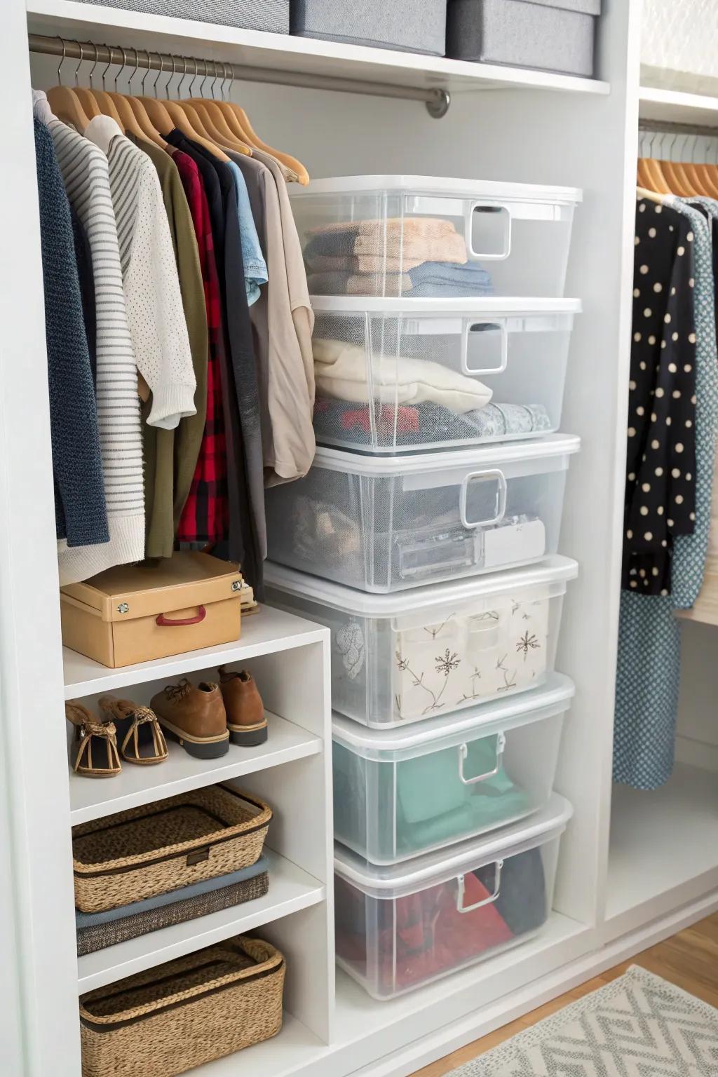 Clear storage containers ensure visibility and order.