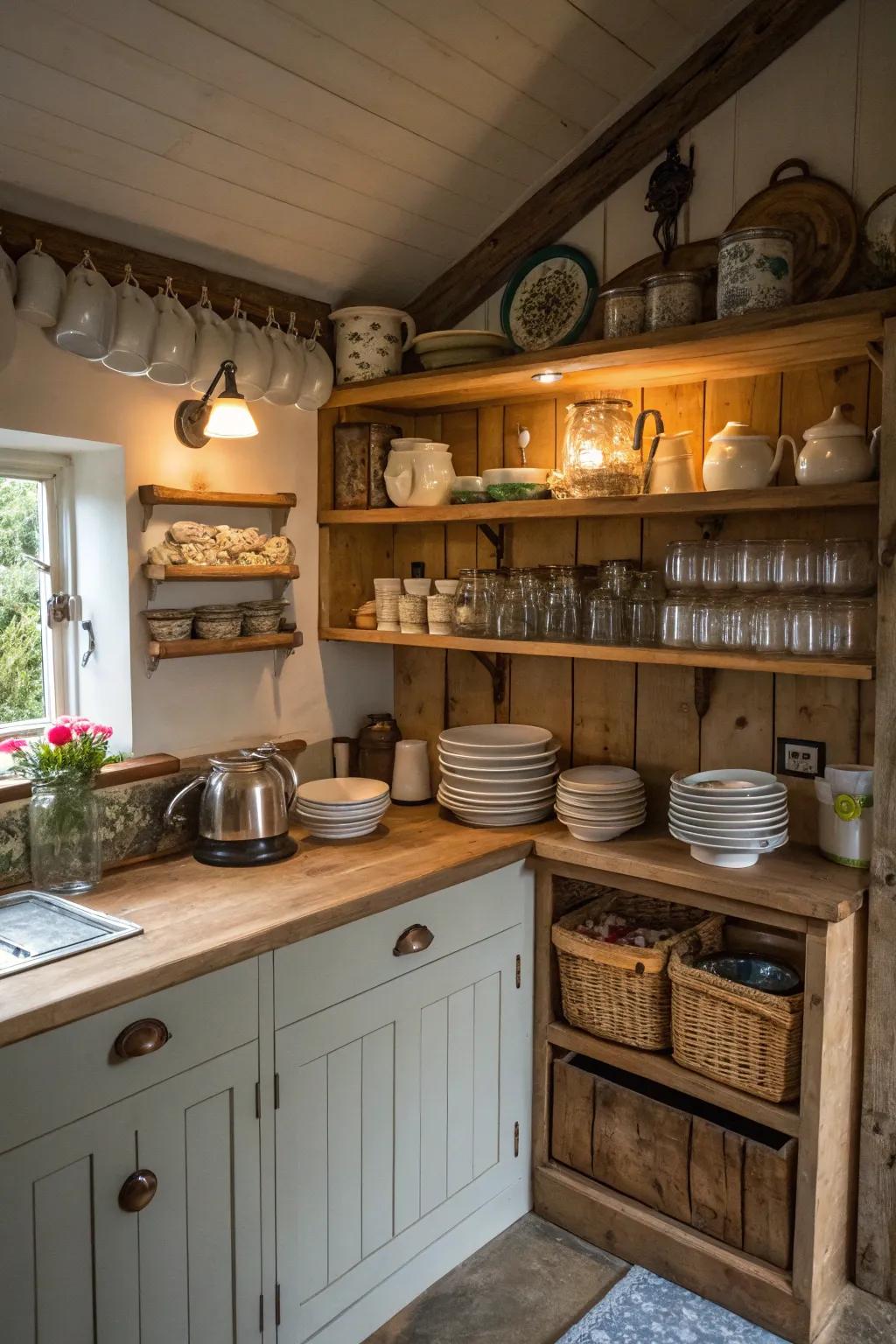 Uncovered shelving merges style and usability within this cottage cooking space.