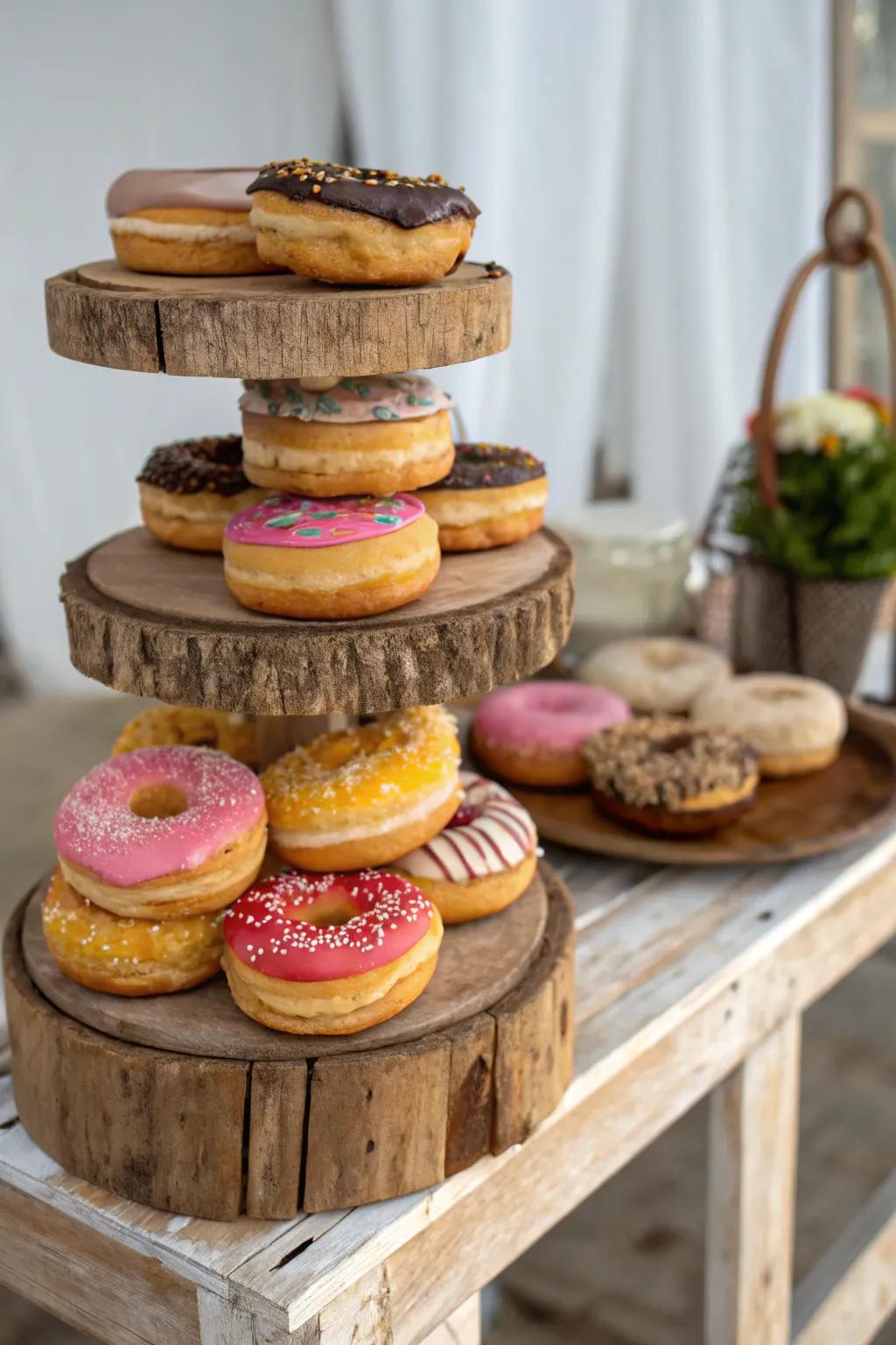A country-style doughnut stand contributes an inviting aspect to the dessert table.