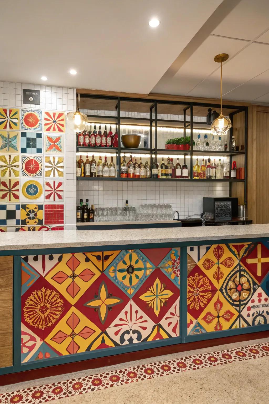 A notable back panel injects individuality into a dry bar.