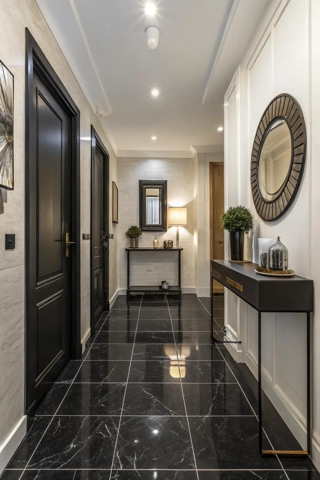 Sophisticated Black Porcelain Coverings in a Modern Entry