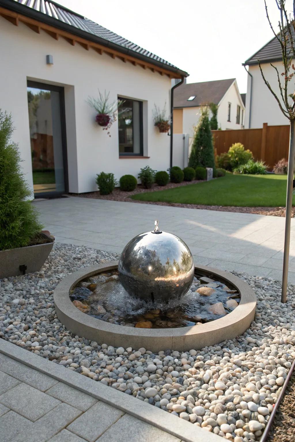 A metal sphere fountain elevates modern decor.