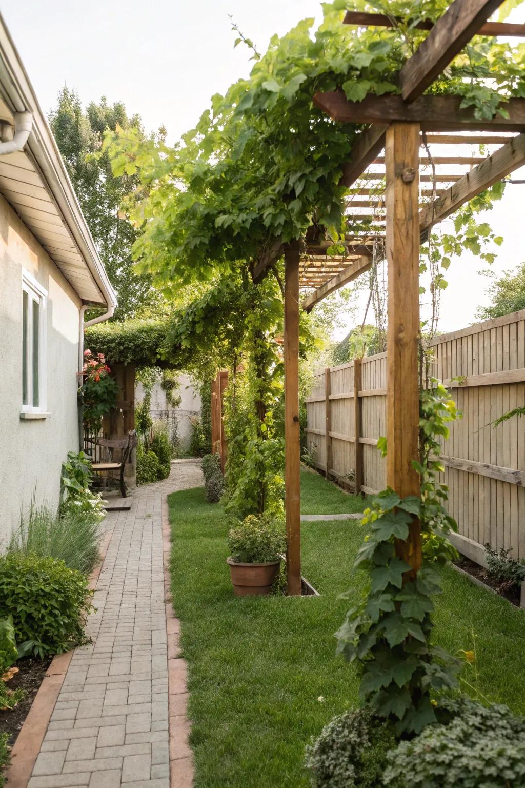 Climbing vines on trellises add vertical appeal.