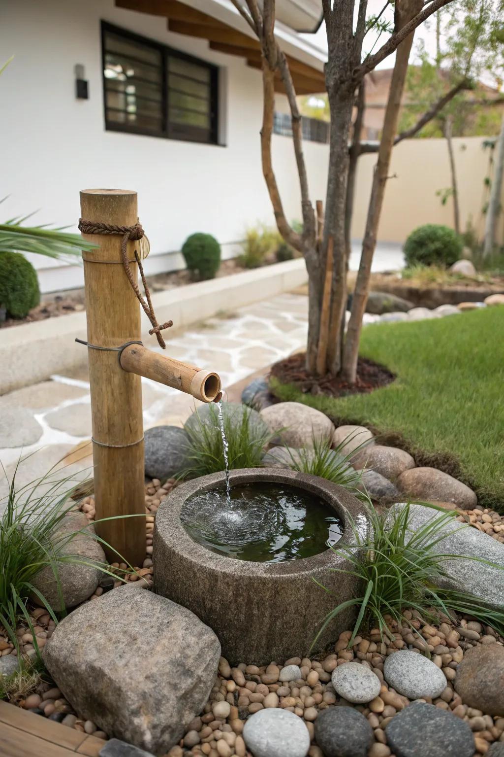 A cane water feature adds a Zen-like, contemplative accent.