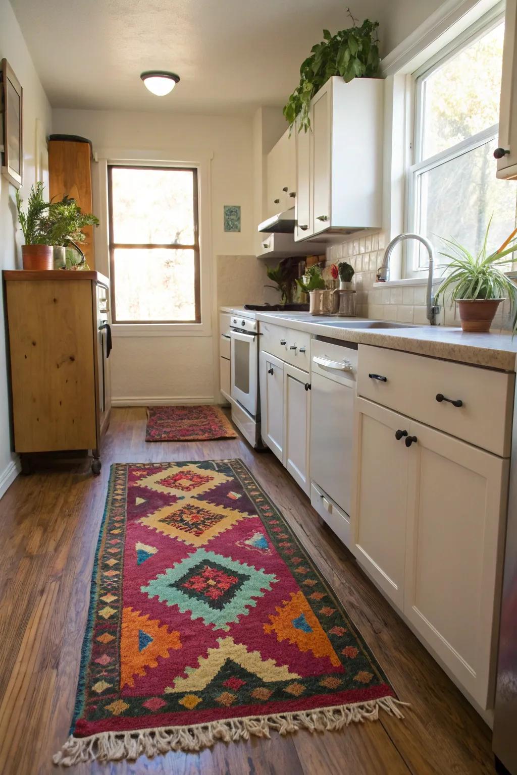 An ornamental rug introduces warmth and a burst of color.