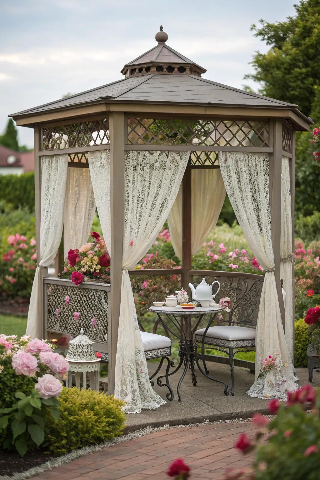 Sip tea in fashion with a charming gazebo arrangement.
