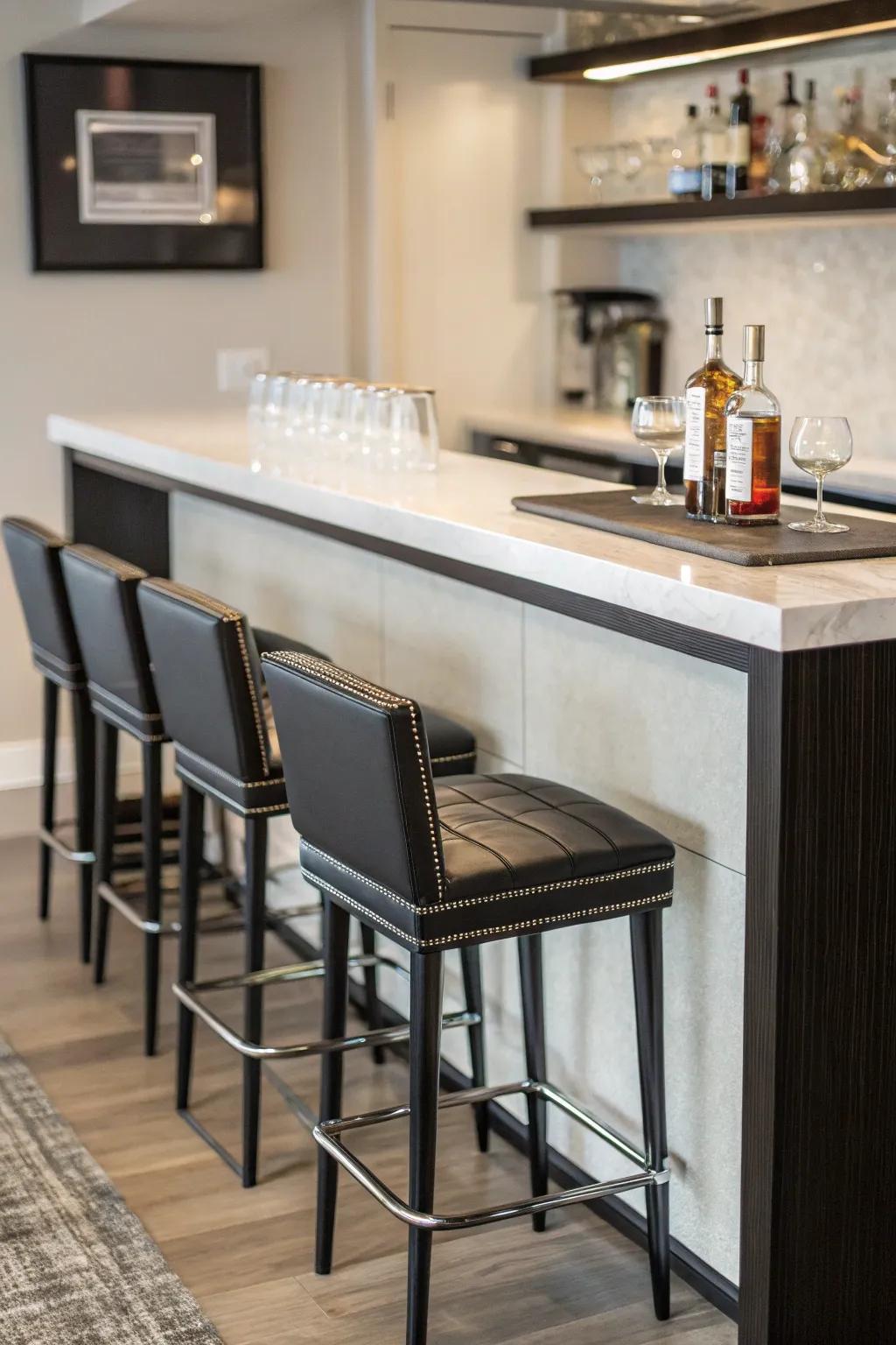 Space-saving seating solutions maintain a tidy and stylish home bar area.