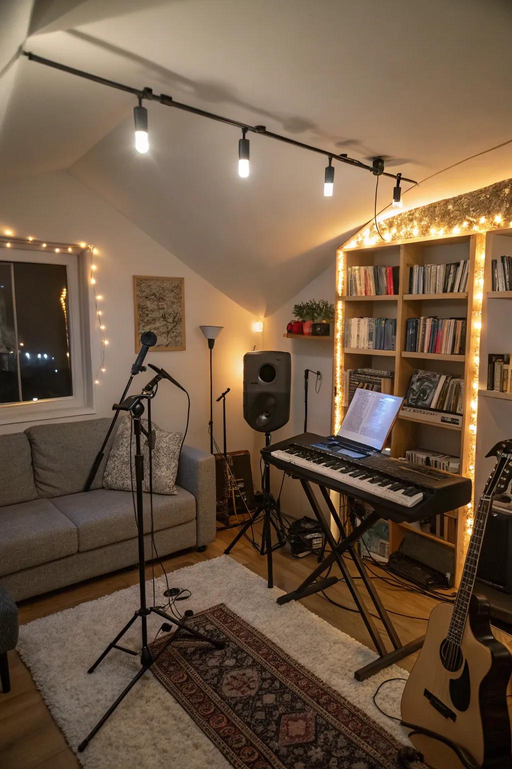 Ambient lighting transforms the studio's atmosphere, sparking creativity.