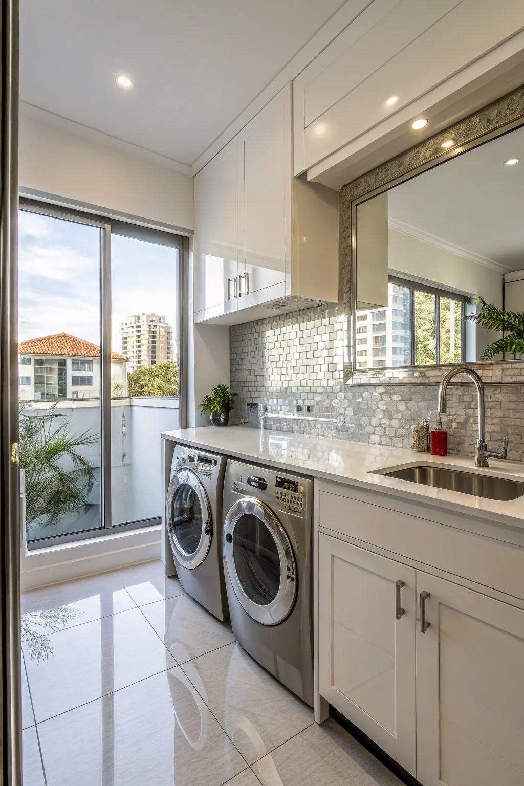 A bright kitchen and laundry area utilizing reflective surfaces to enhance natural light.