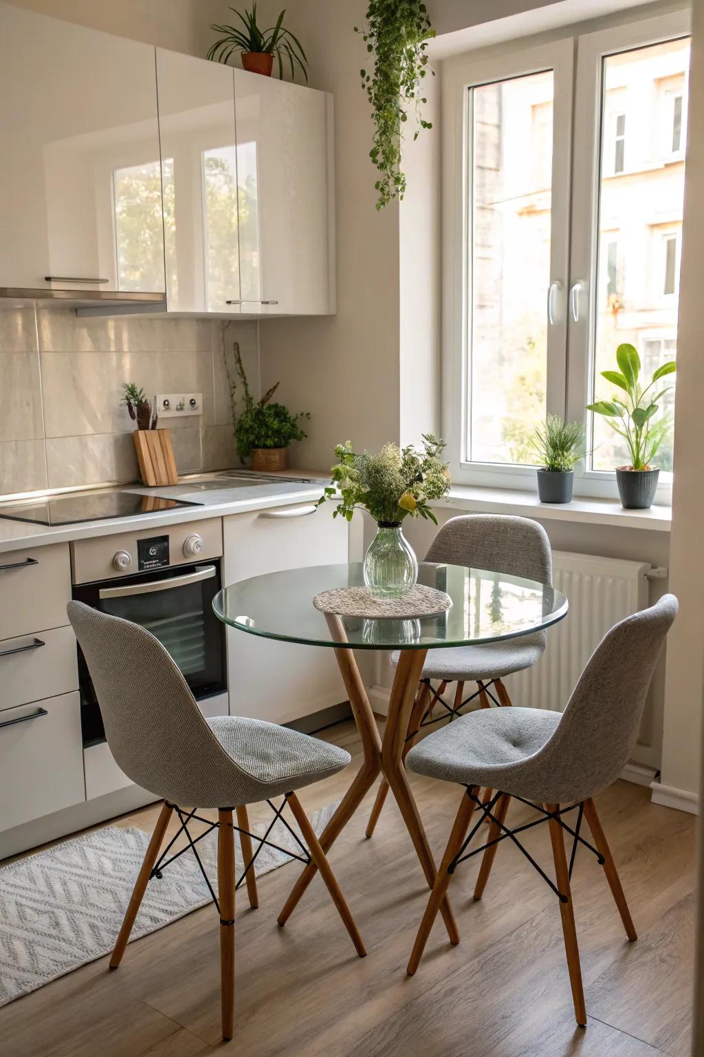 A glass-top table that amplifies the sensation of area.