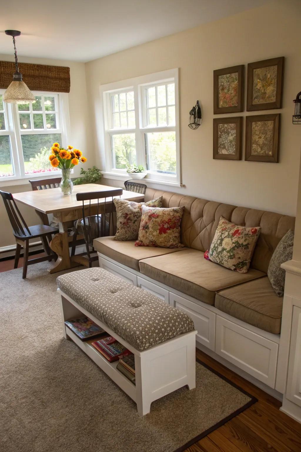 A modular couch paired with a dining bench is ideal for flexible seating.