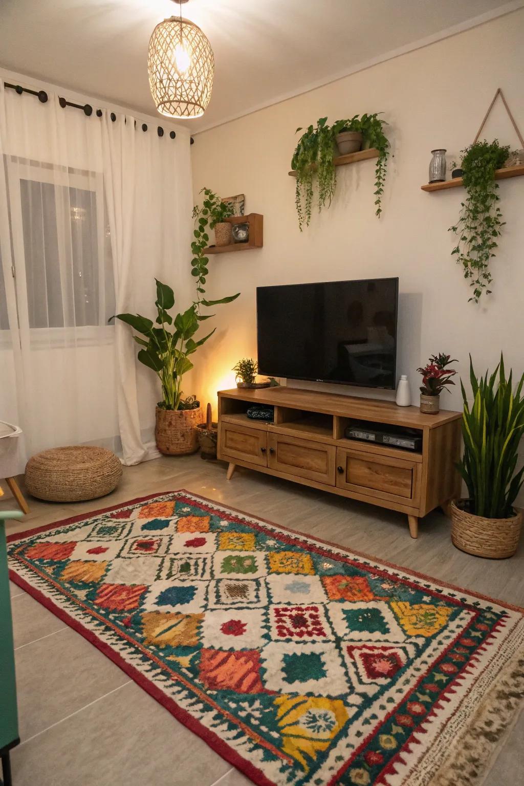 Details like plants and rugs bring warmth and style without occupying excessive space.
