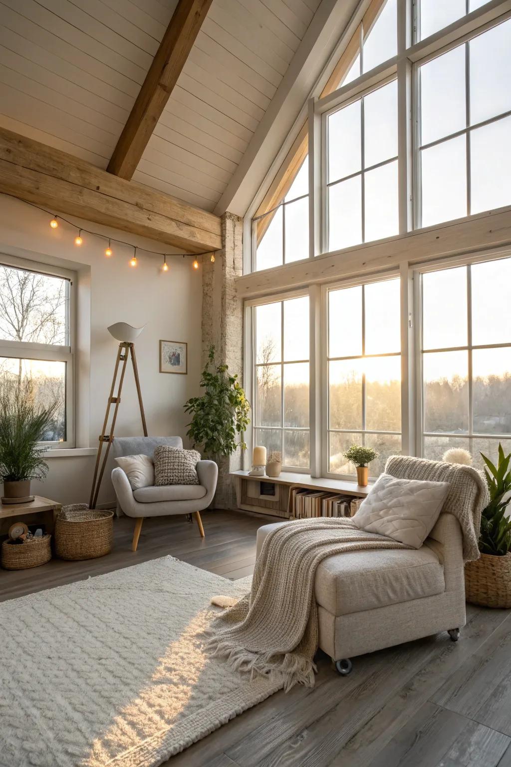 Natural illumination enhances the warmth of a small loft.