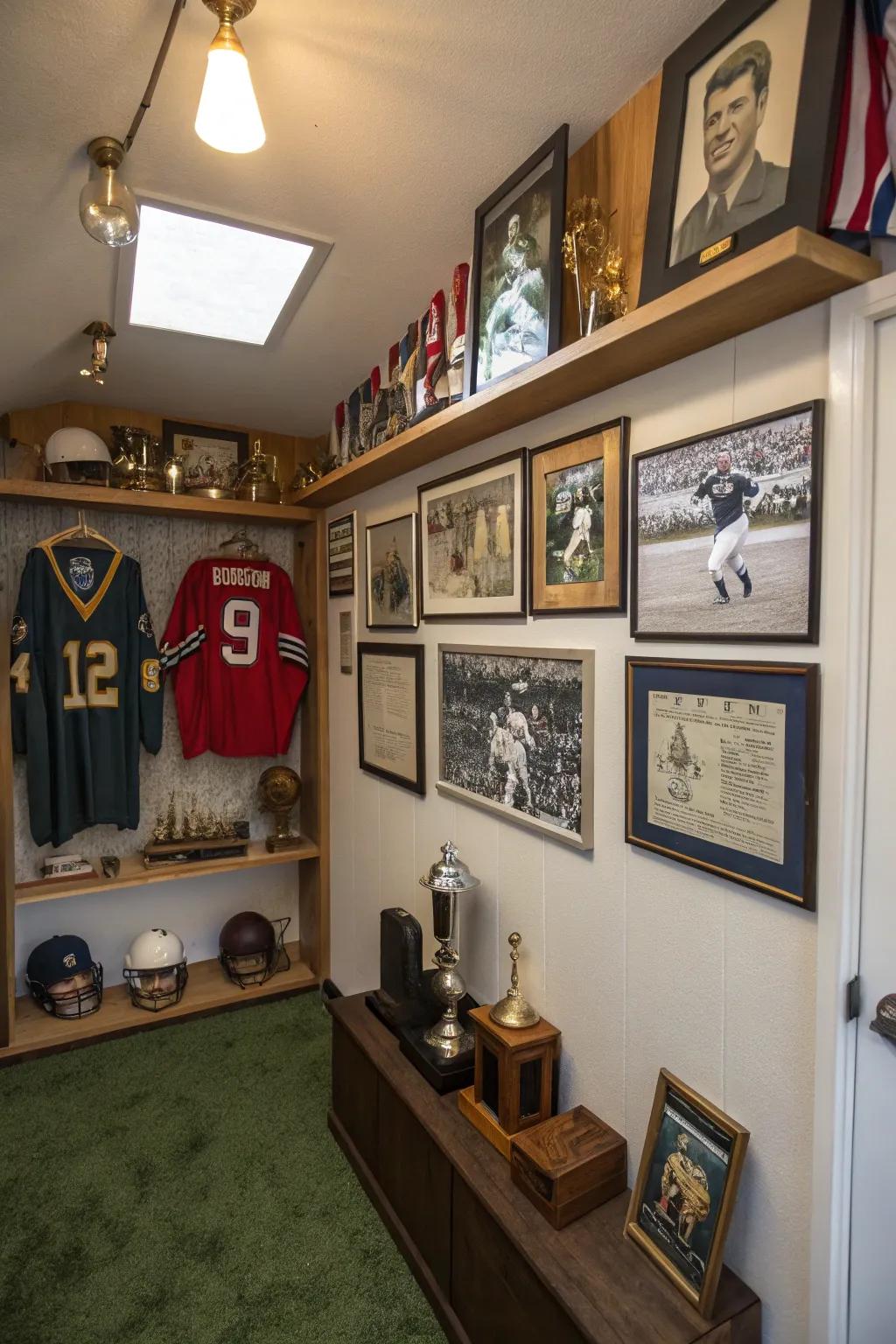 Sports keepsakes and vintage posters enrich the aesthetics through a personal nuance.