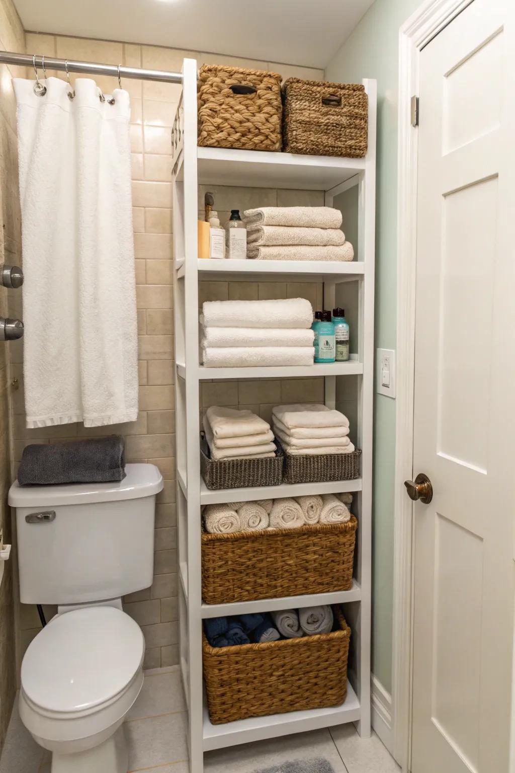 Vertical storage maximizes space while maintaining a tidy bathroom.