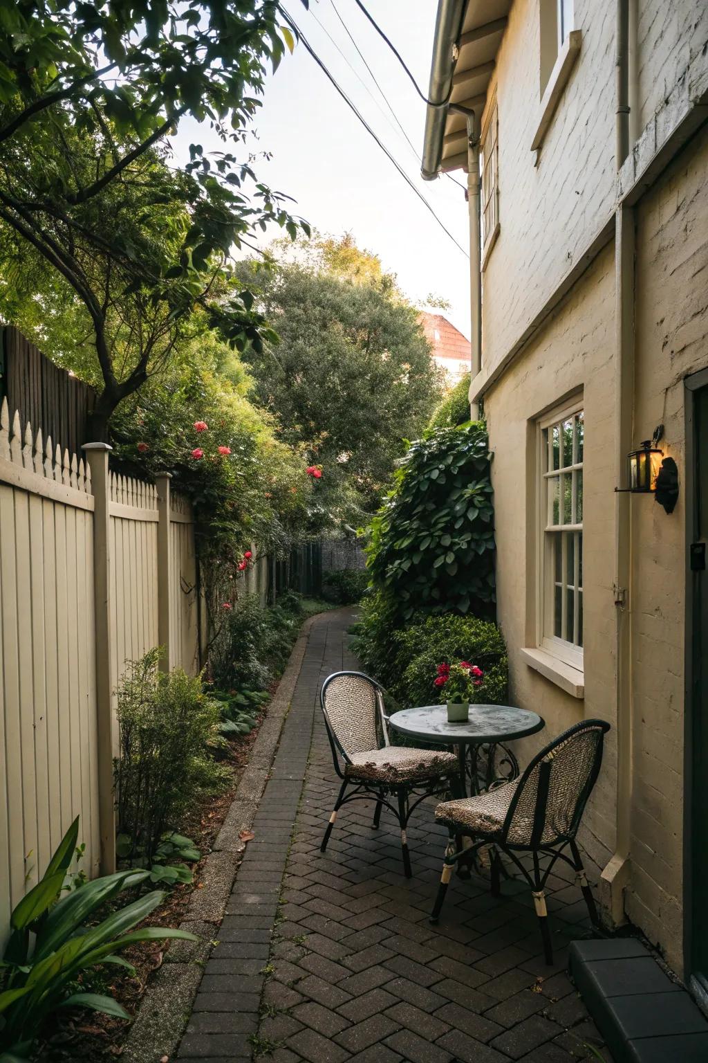 A relaxing seating spot is perfect for unwinding in a narrow side yard.