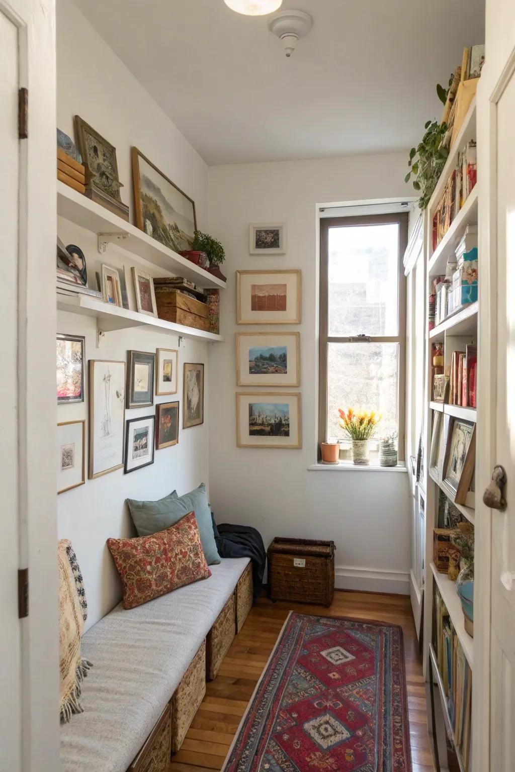 Wall space is just right for displaying art and adding storage.