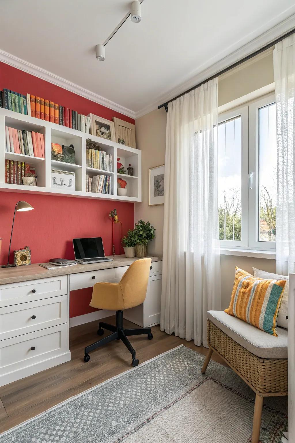A statement wall adds depth and character to a small office.