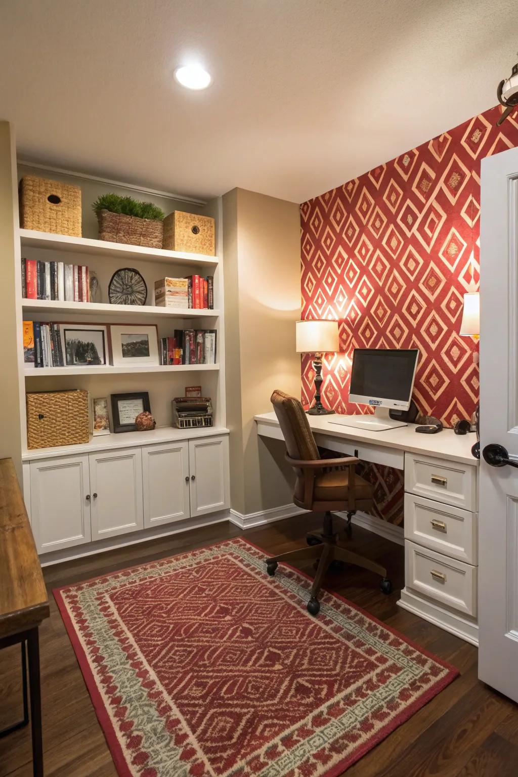 An office space clearly marked by a stylish rug and feature wall.