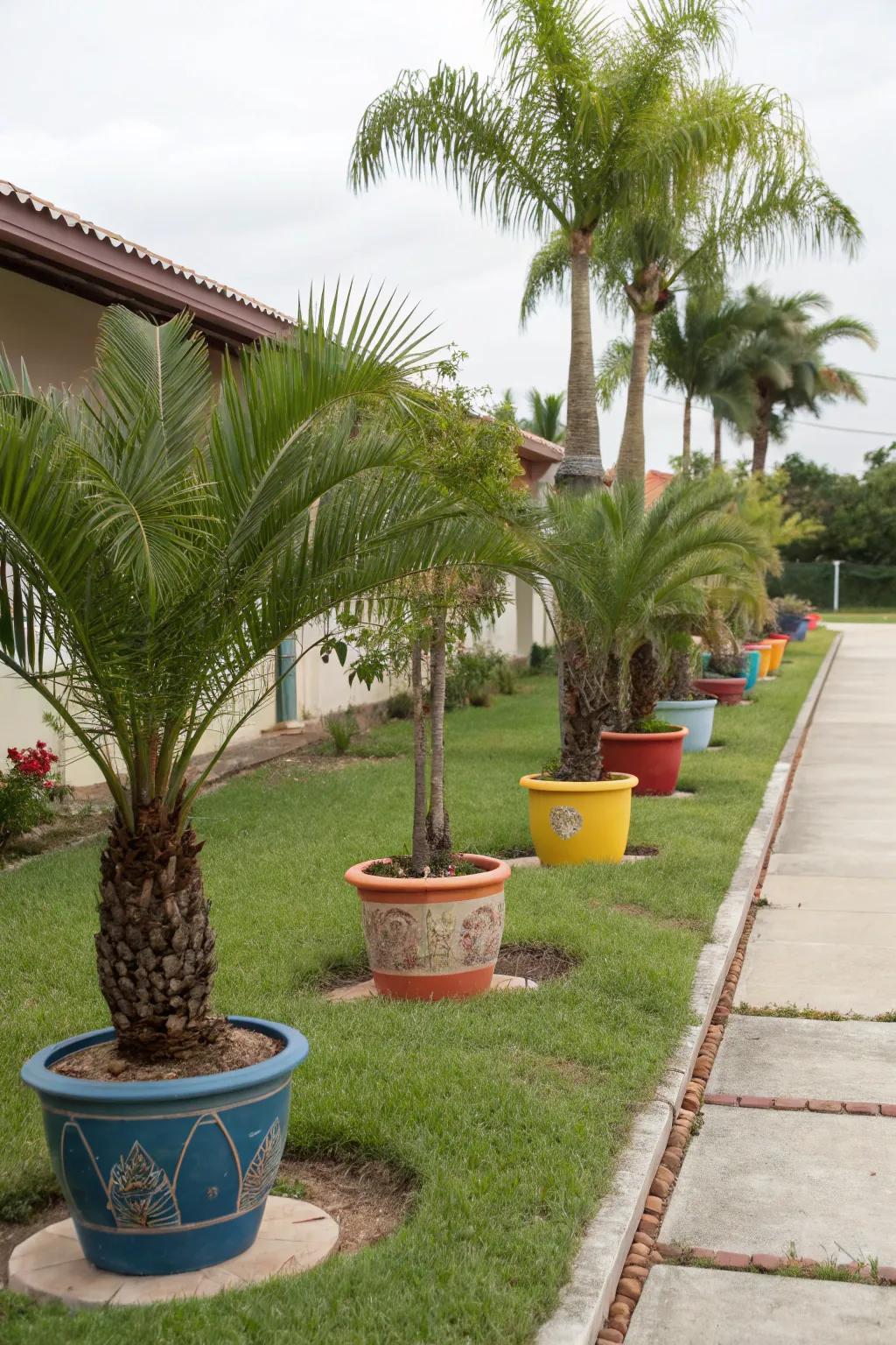Potted palm displays introduce flexibility and sophistication to garden design.