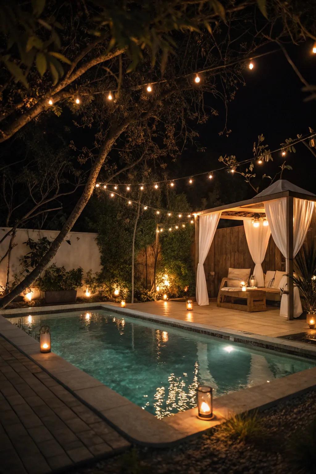 Ambient illumination converts the pool space into a magical nighttime sanctuary.