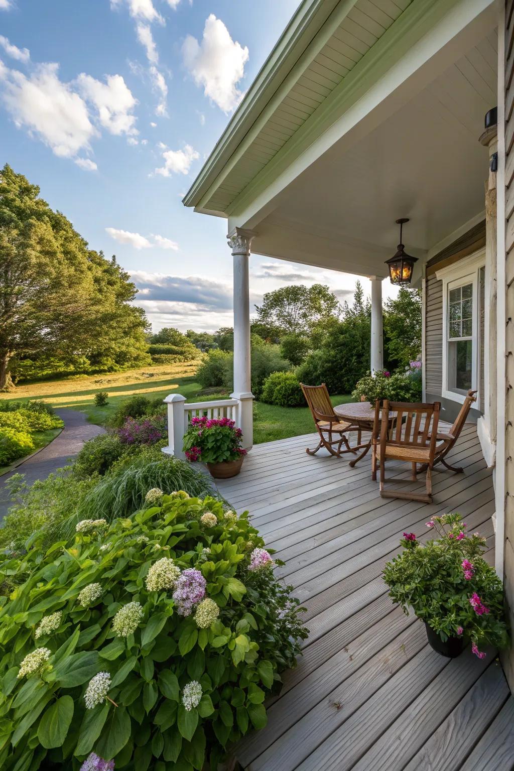 A side porch with exquisitely arranged wooden decking and a small table.