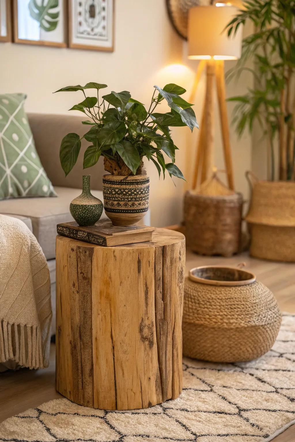 Organic textures evoke a cozy, natural feel inside.