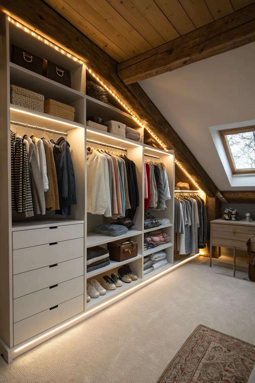 Strategic lighting can highlight and enhance your attic closet.