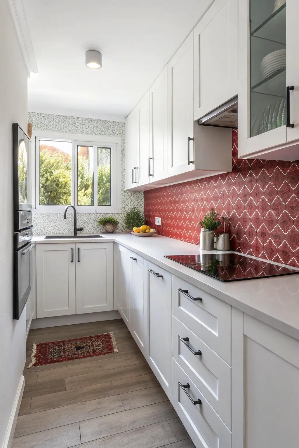 A contrasting mosaic adds depth to a bright cooking space.