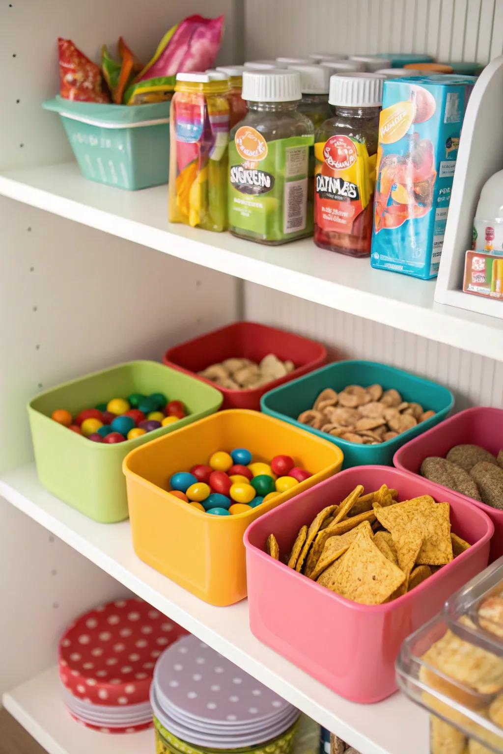 Color-sorted holders introduce a playful element to snack storage.