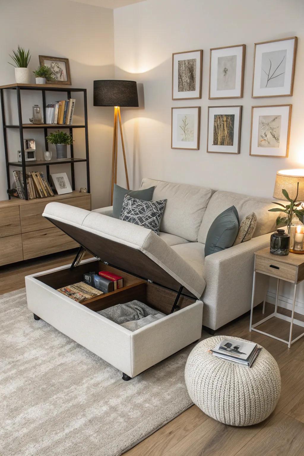 A couch with an ottoman providing concealed storage within a modern, petite living area.