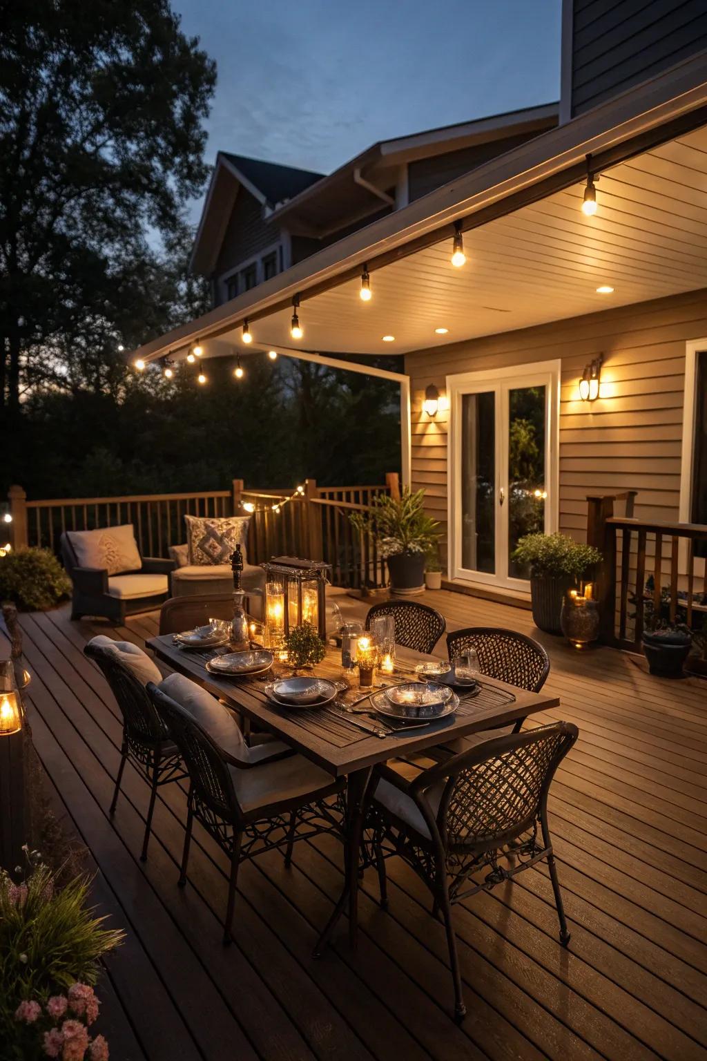 Soffit lighting creates a warm, ambient atmosphere for patio gatherings.