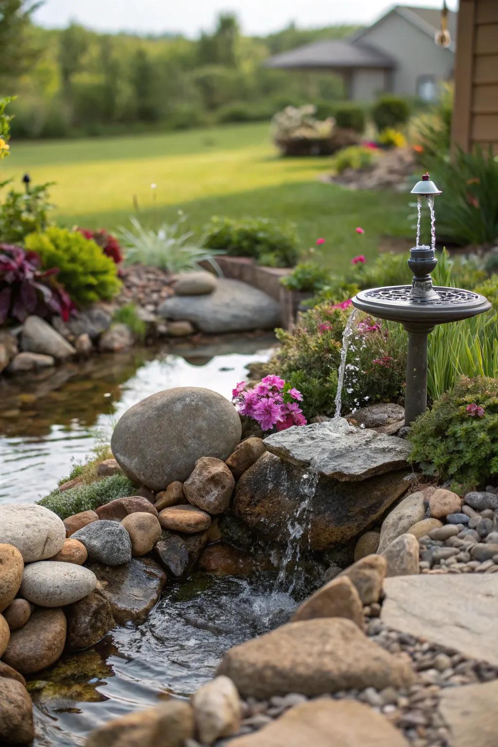 A natural stone garden enhanced by a sun-powered fountain.