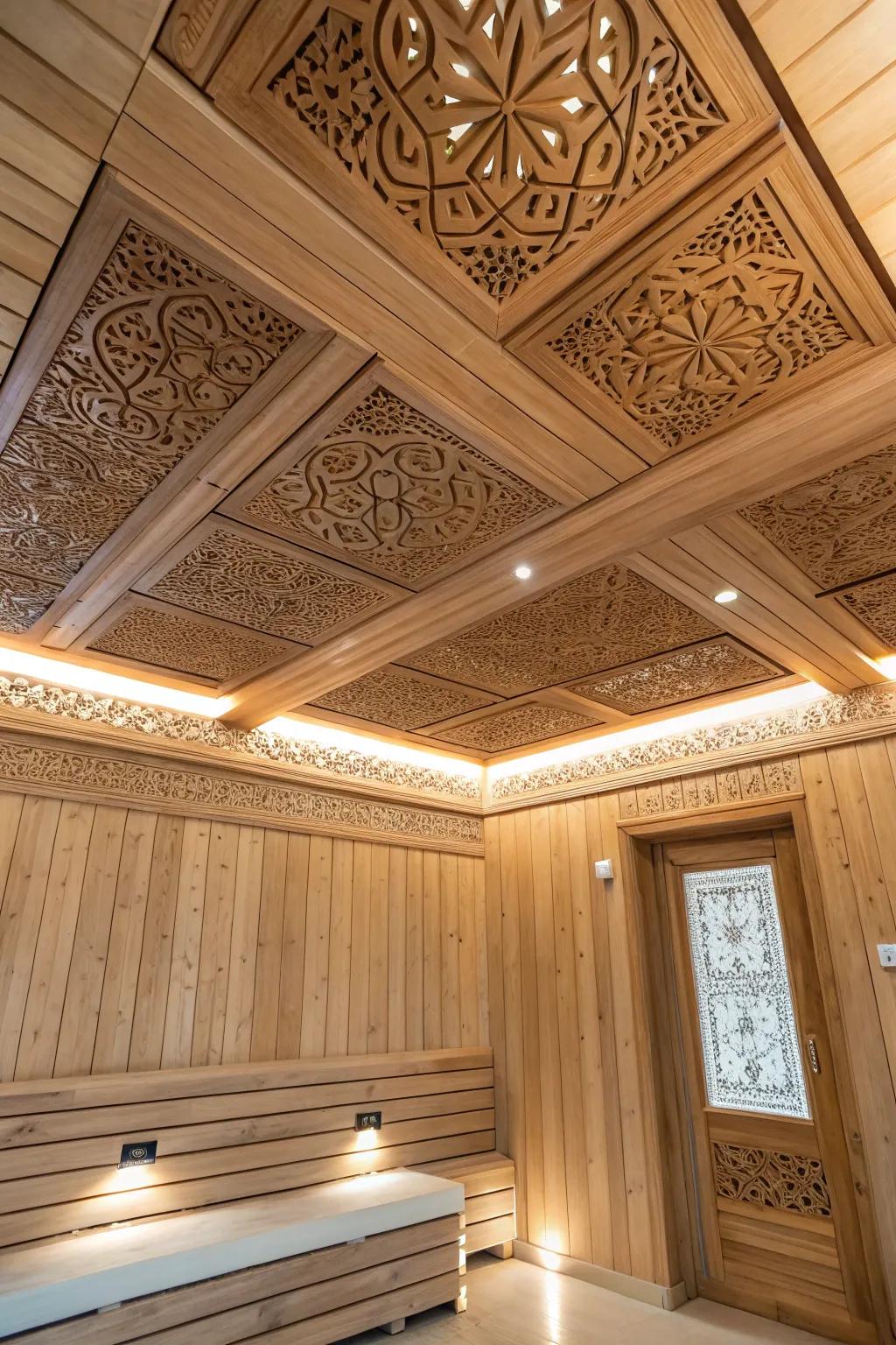 Textured boards for a full ceiling design.