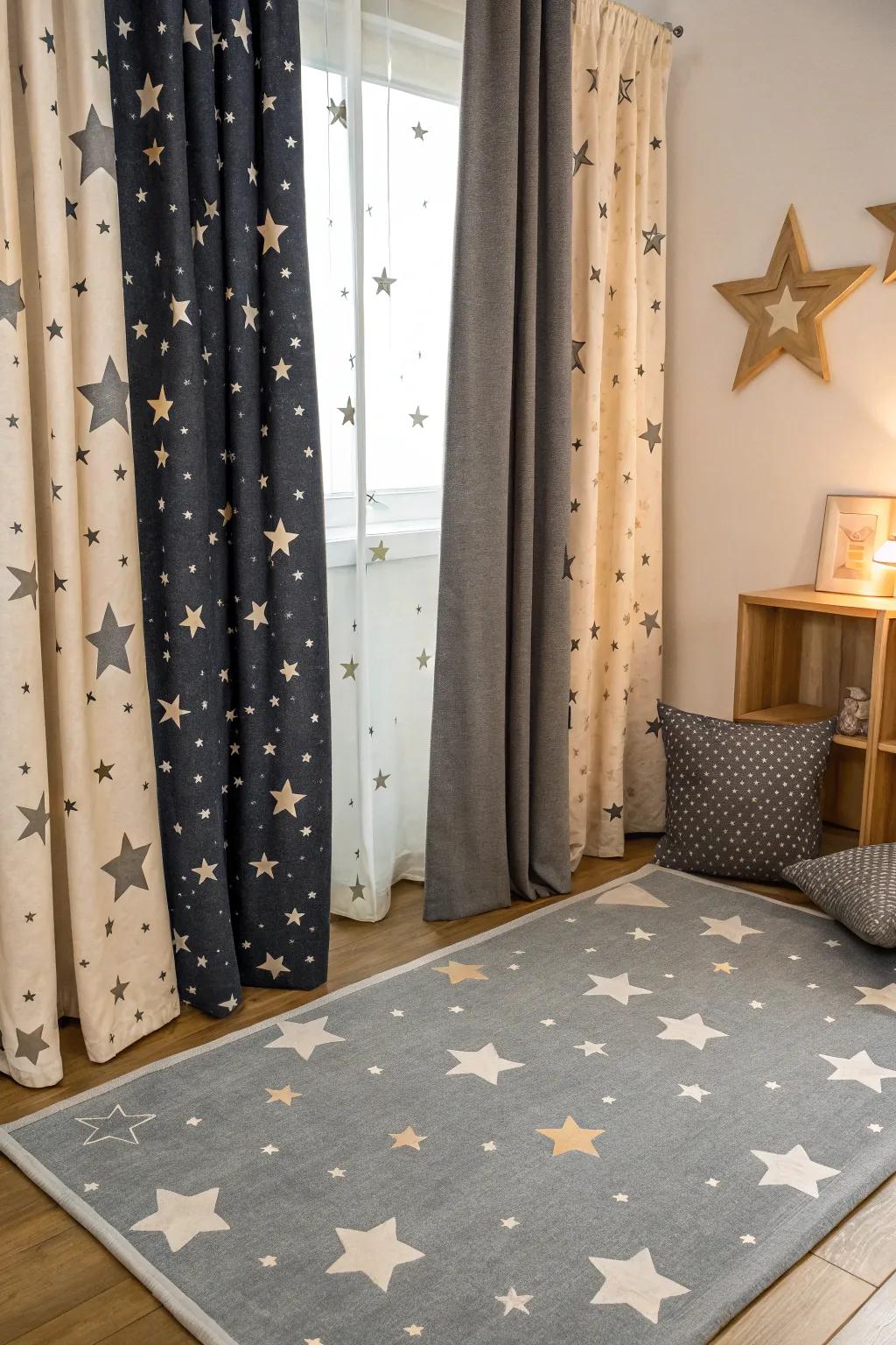 Themed fabrics carefully boost the space theme.