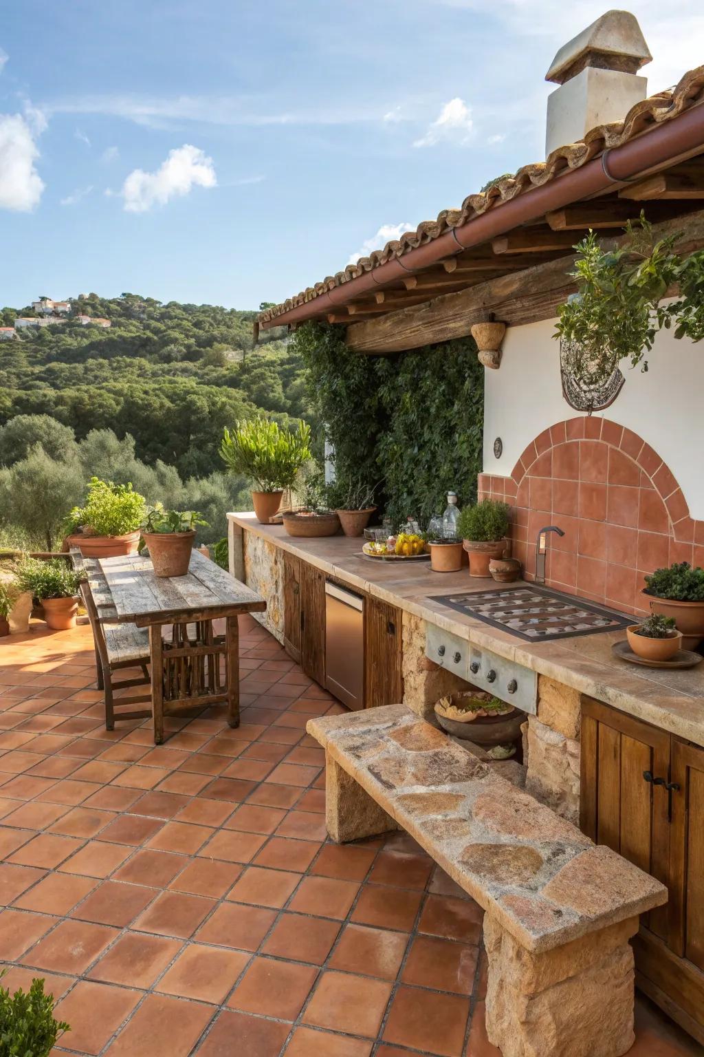Clay tiles accentuate the Mediterranean allure of this outdoor cooking space.