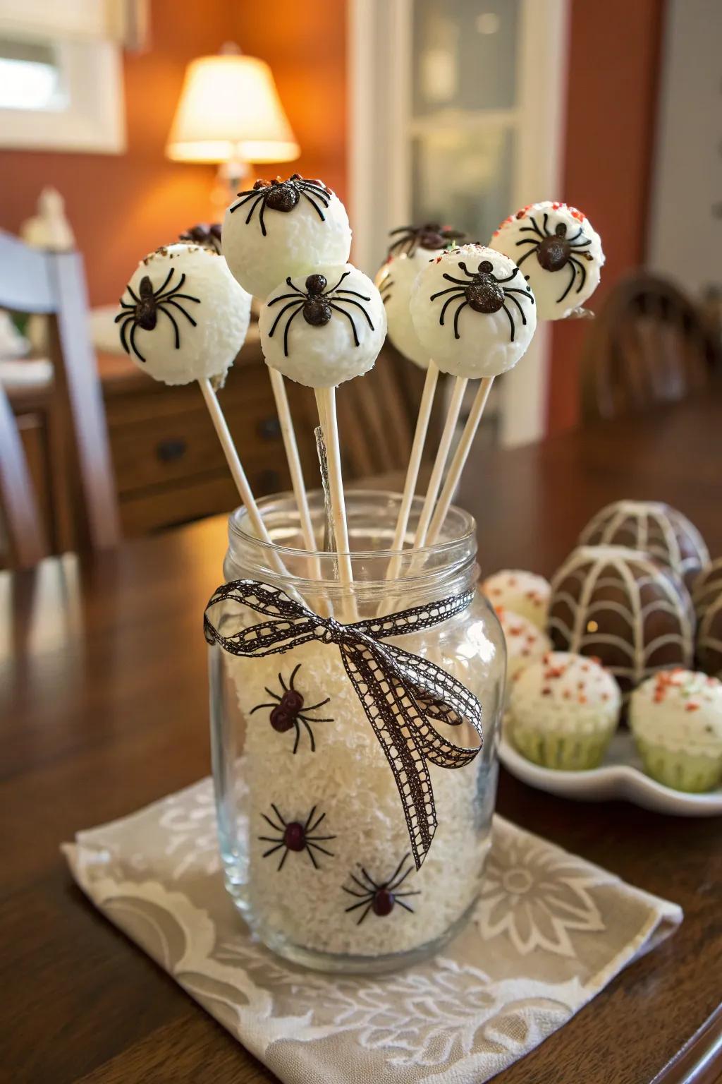 Charming and spooky spider cake pops.