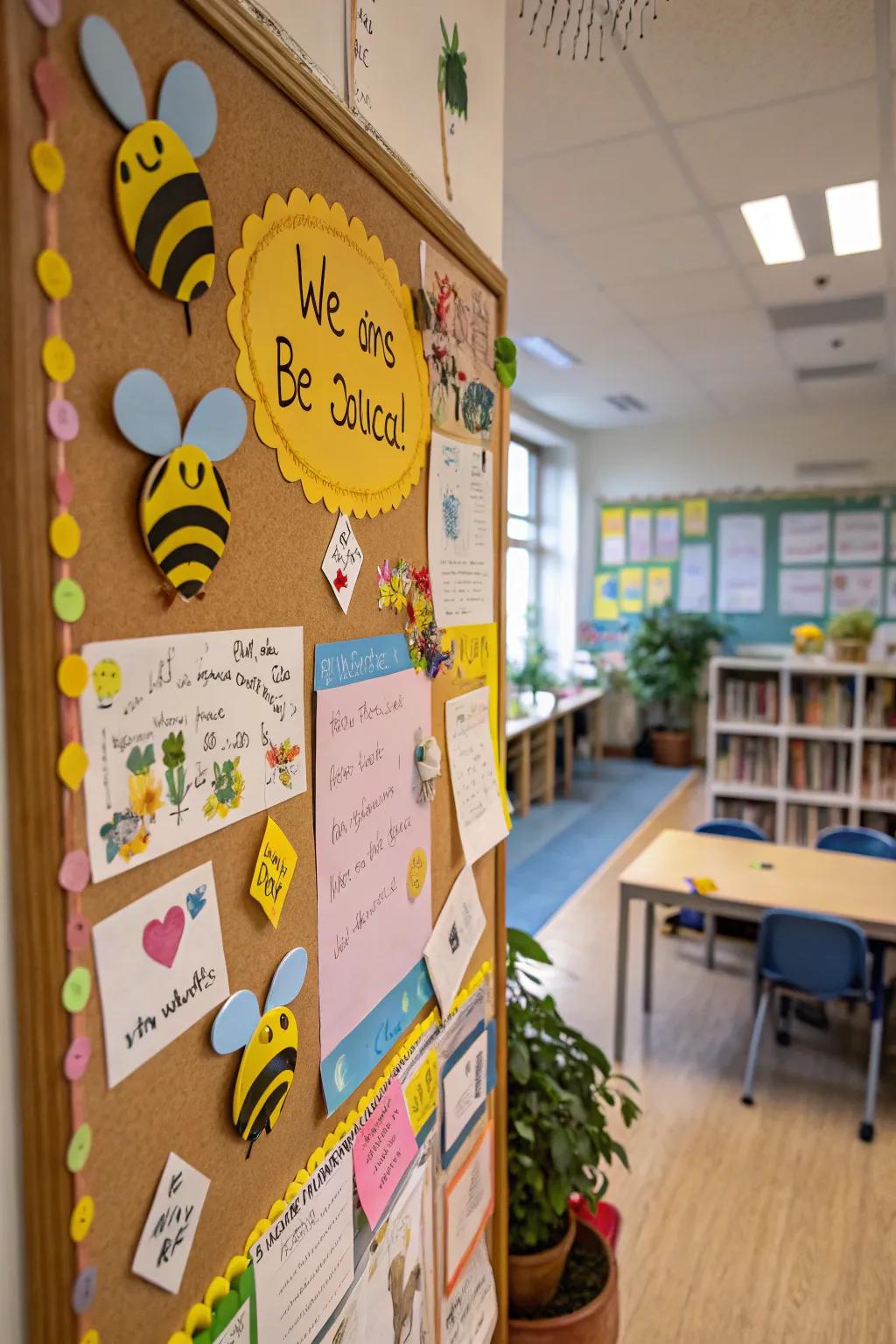 A positivity-themed bulletin board with bees and uplifting messages to brighten the day.