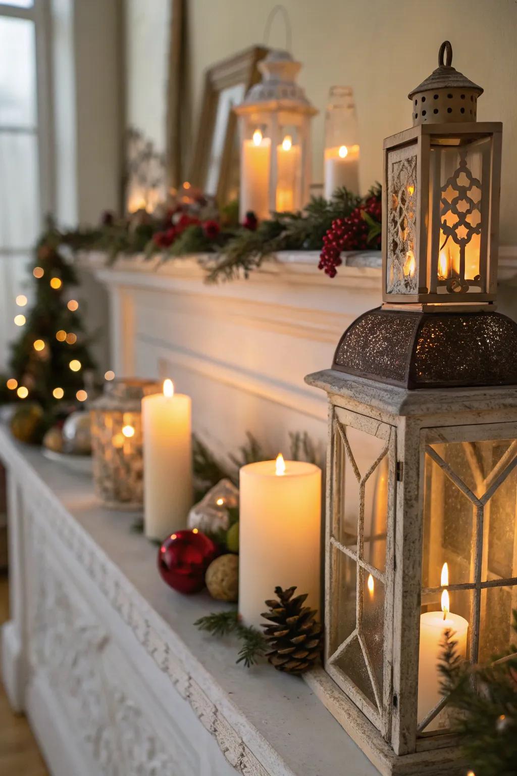 Lights and enclosures fashion an inviting atmosphere atop your mantel.