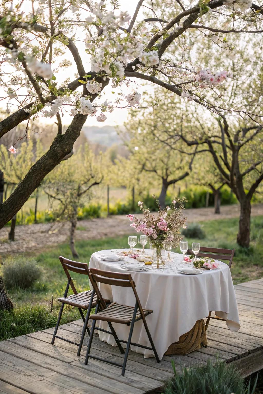 An outdoor table arranged amidst springtime blooms.