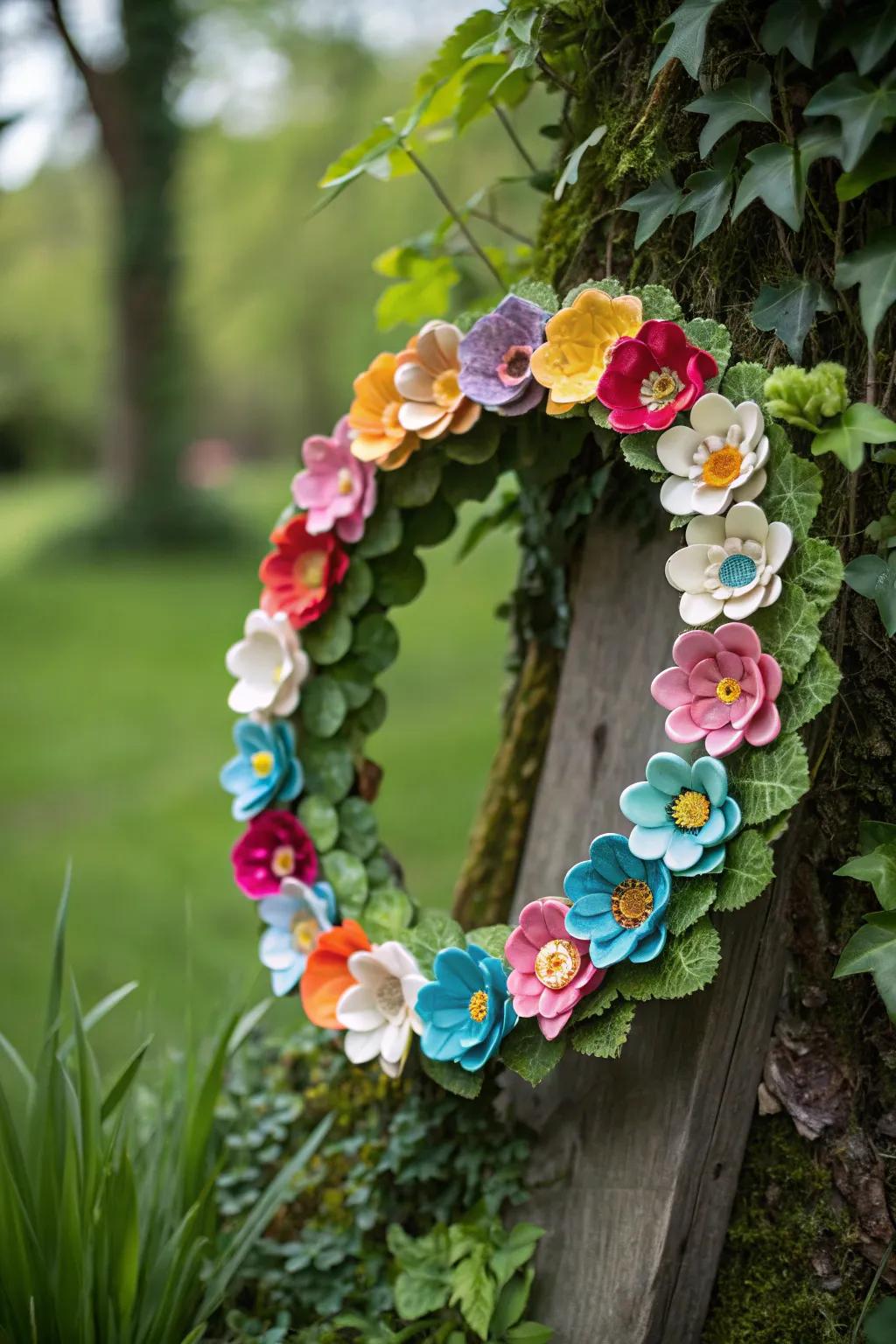 An eco-friendly wreath crafted from recycled materials.