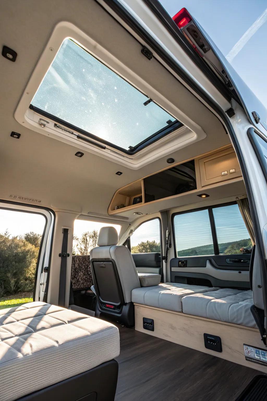 Sunlight transforms the van's interior.