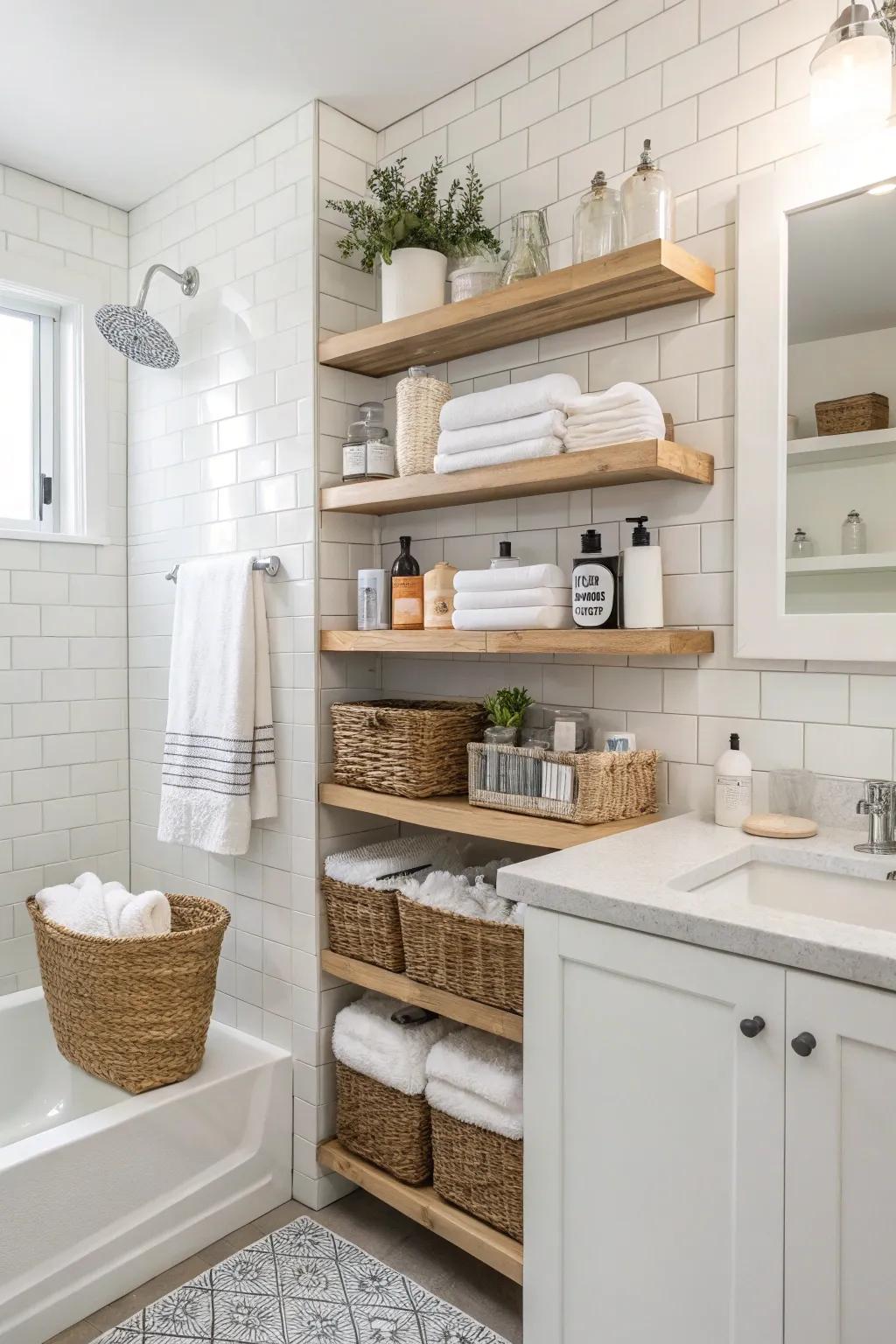 Floating shelves offer efficient storage, maintaining a tidy restroom.