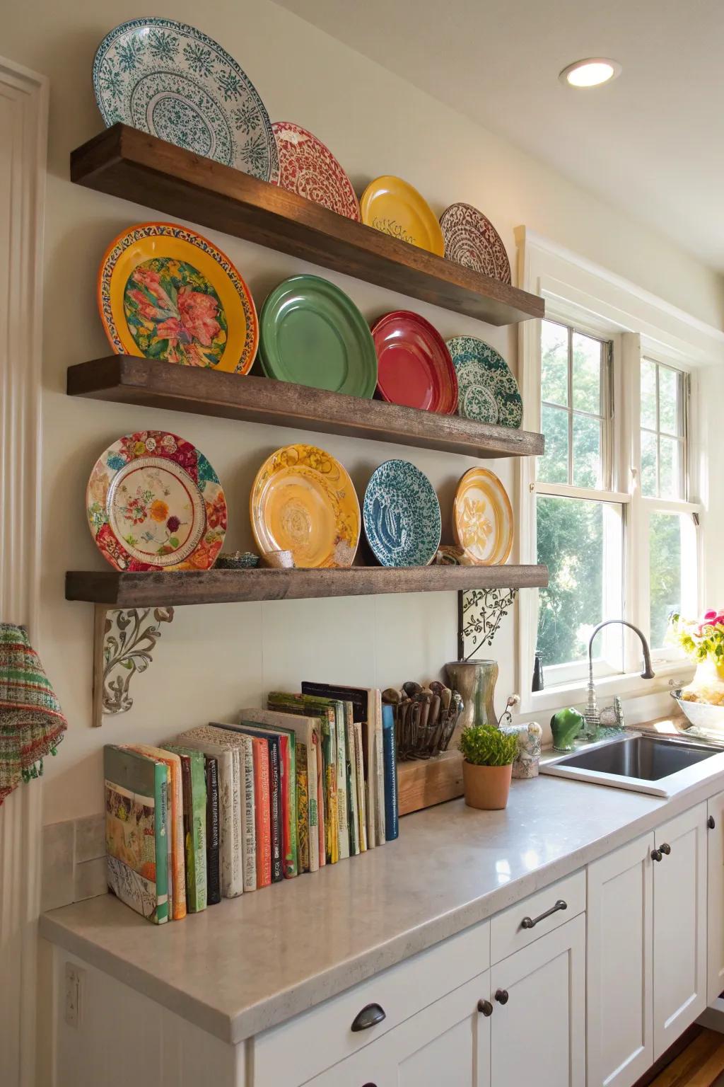 Quaint impression within the culinary space featuring staggered shelving.