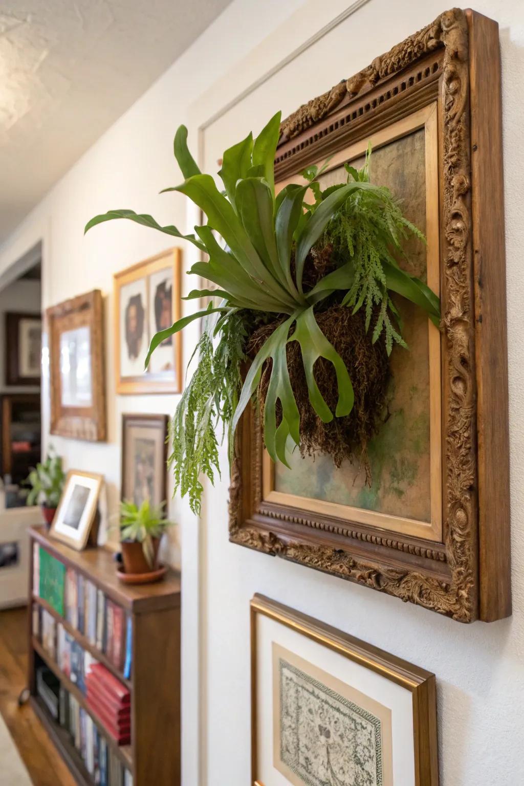 An artwork frame furnishes a distinctive and personalized avenue for presenting staghorn ferns.