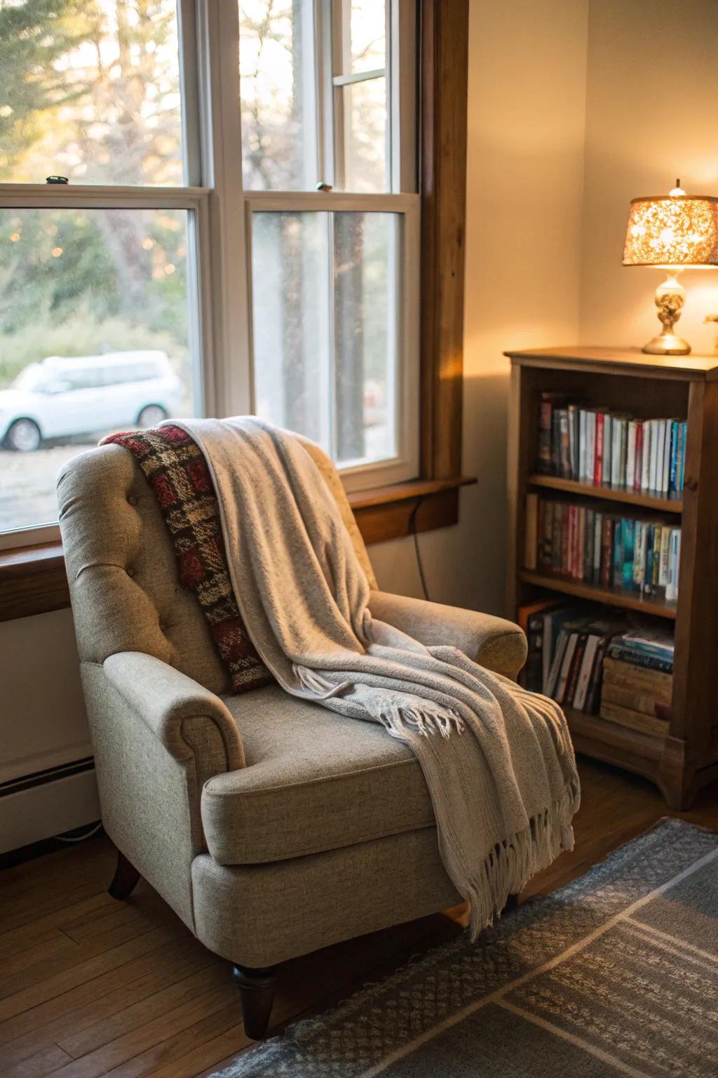 A cozy reading nook invites relaxation and comfort.
