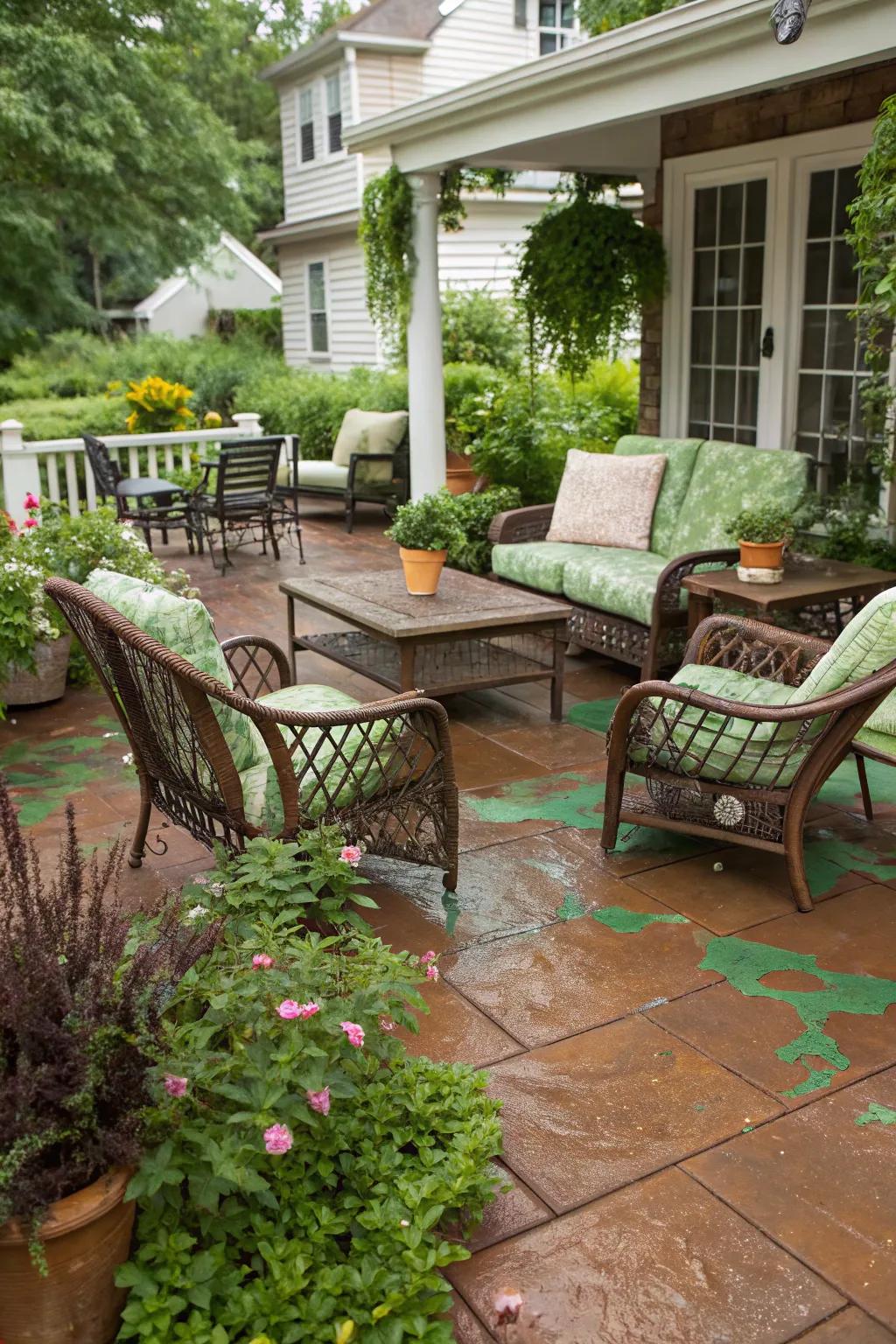 An inventively tinted patio featuring a mix of earthy and verdant tones.