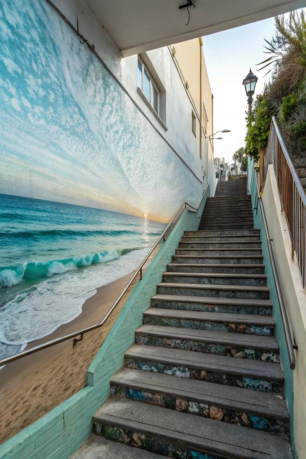 Savor coastal calm with an ocean-themed mural.