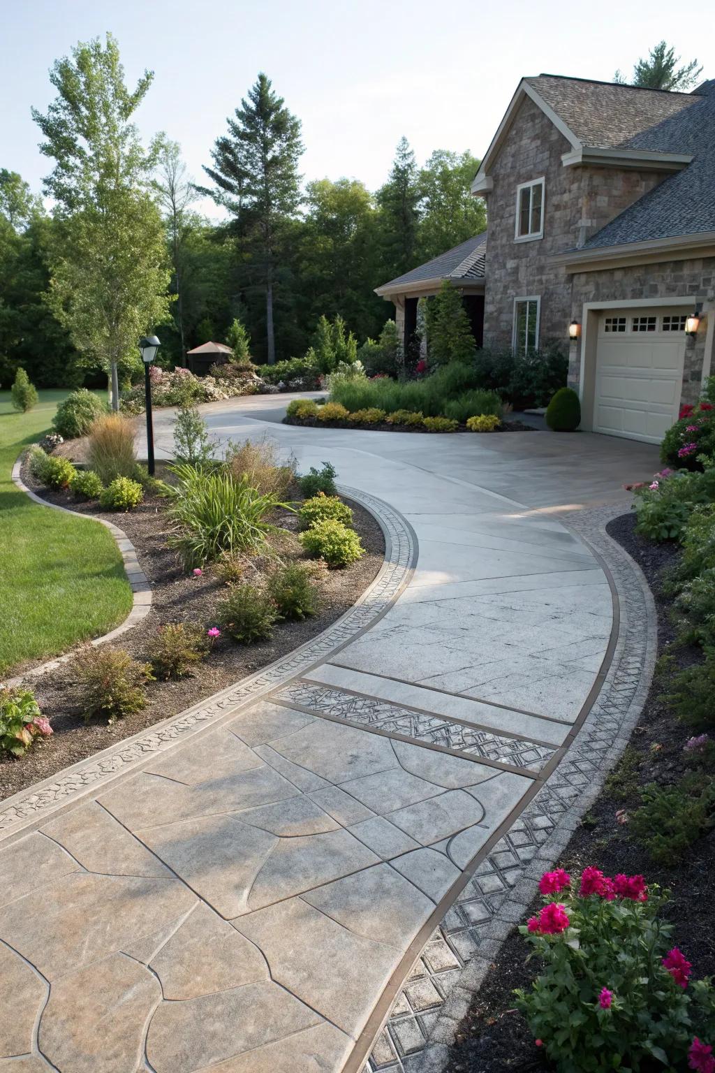 Unified driveway featuring seamless stamped concrete border