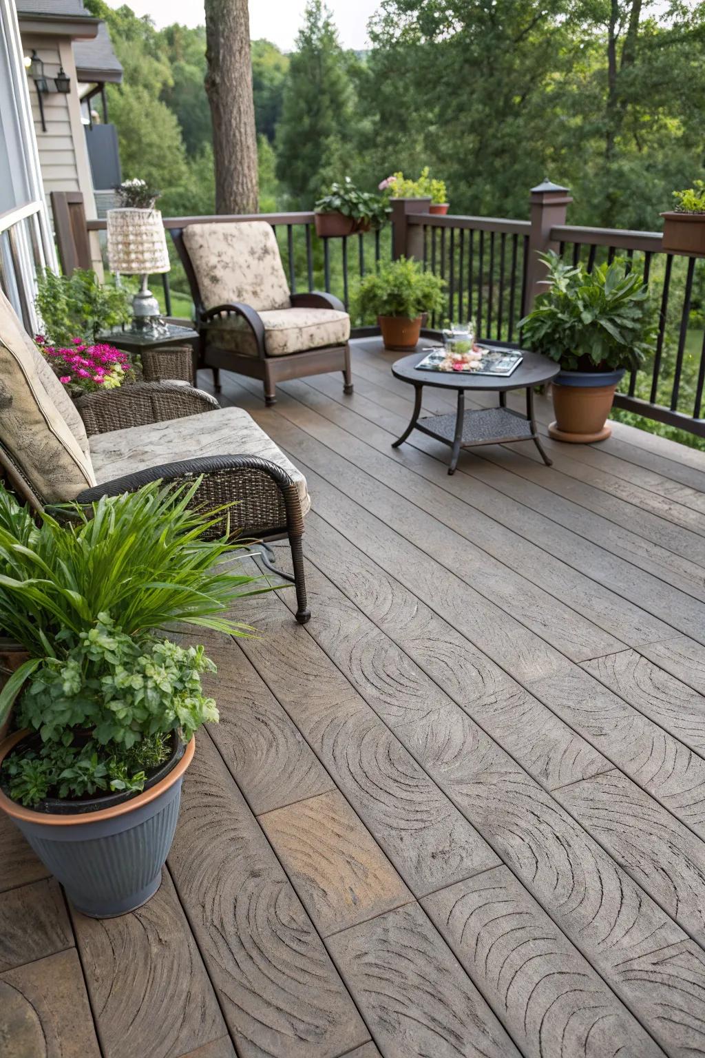Lumber-patterned concrete offers rustic appeal without the hassle.